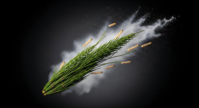 Abstract green pixelated plant sprout emerging from white powder cloud with small particles, dynamic motion against dark background