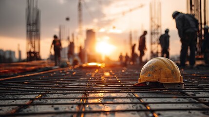 Obraz premium Construction site at sunset with workers and hard hat on rebar foundation