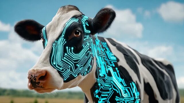 Cybernetic Cow: A surreal image presents a cow infused with digital circuits, a striking juxtaposition of nature and technology.