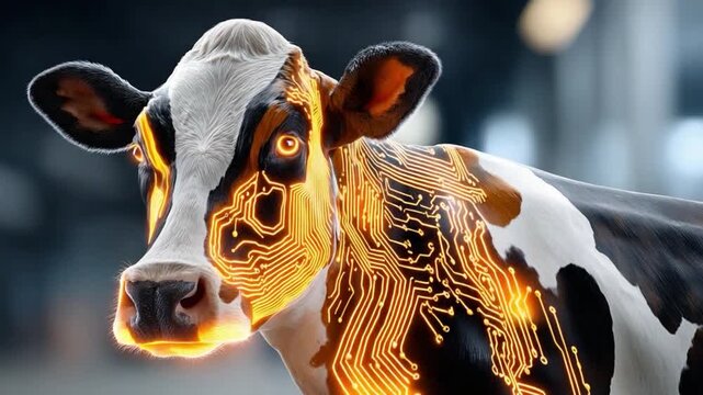 Cybernetic Cow: A captivating blend of nature and technology. This image depicts a cow with a striking cybernetic overlay, illuminating its form with intricate circuitry.