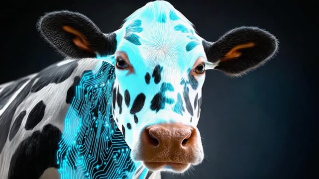 Digital cow in concept artwork: a captivating fusion of nature and technology. This image portrays a digitally enhanced cow, showcasing a mesmerizing blend of organic and technological elements.