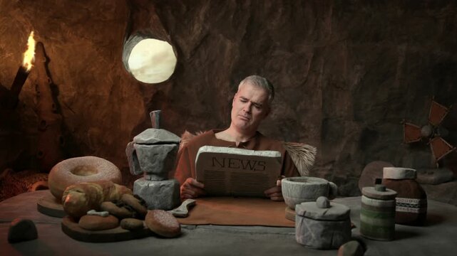 Happy relaxed caveman having breakfast in the morning, he is reading news