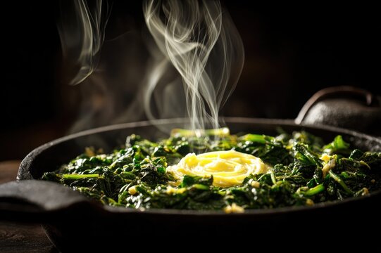 Intimate close-up food photography of steaming sarson da saag (mustard greens) in a black iron karahi topped with a spinning of white butter, 