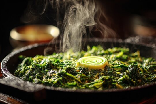 Intimate close-up food photography of steaming sarson da saag (mustard greens) in a black iron karahi topped with a spinning of white butter, 