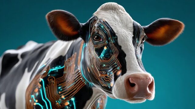 Cybernetic Cow: A captivating visual of a cow's anatomy intertwined with futuristic cybernetic components, merging nature and technology in a thought-provoking display.