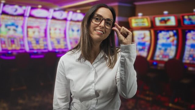 Woman adjusts glasses while smiling and tilting her head in a casino with slot machines and stools; cheerful leisure luck.