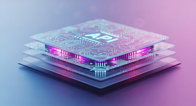 Abstract glowing API circuit board layers, digital technology, data integration, software development, network connectivity, purple and blue neon lighting