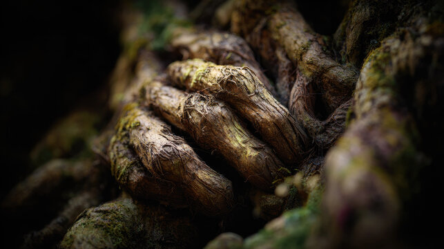 Tangled roots intertwine like fingers in close up view showing natural texture and earthy tones with dramatic lighting and organic shapes creating mysterious atmosphere