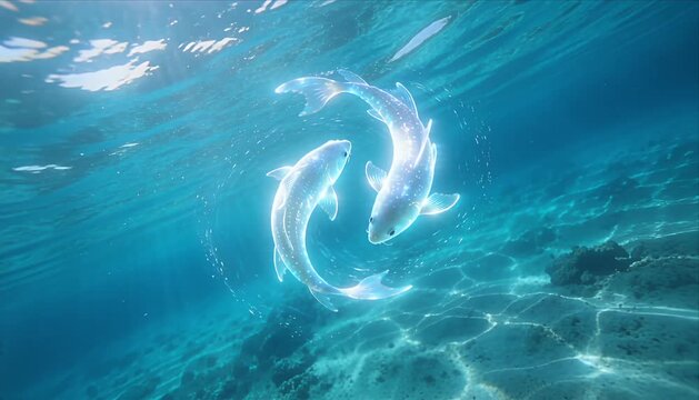Mystic zodiac fish underwater circle glowing harmony fantasy ocean water light blue dream swirl ethereal current flow radiant magic serene tranquil beauty sun ray