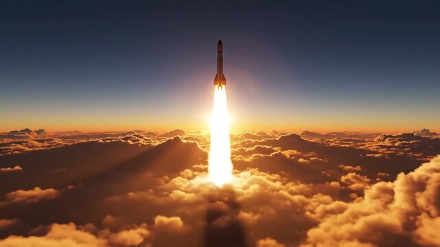 Space rocket launching through golden clouds at sunset