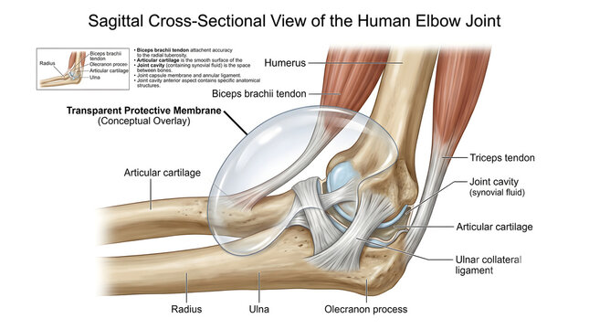 Sagittal cross‑sectional view of the human elbow joint with conceptual transparent membrane showing humeral, radial and ulnar articular surfaces, joint cavity, synovial lining, collateral ligaments an