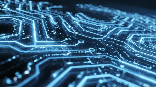 Glowing blue circuit board, electronic background, tech hardware, microchip close-up