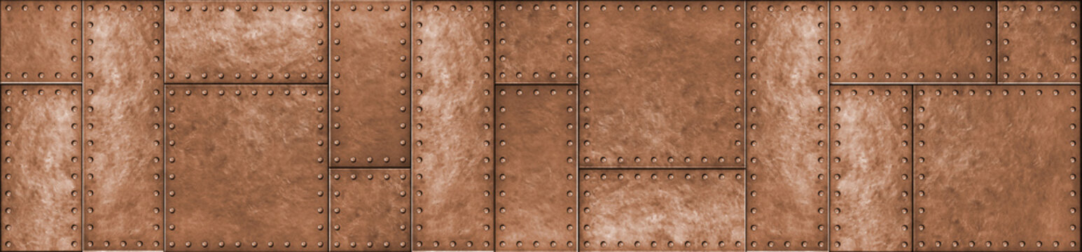 Copper metal plates with rivets texture panoramic background photo