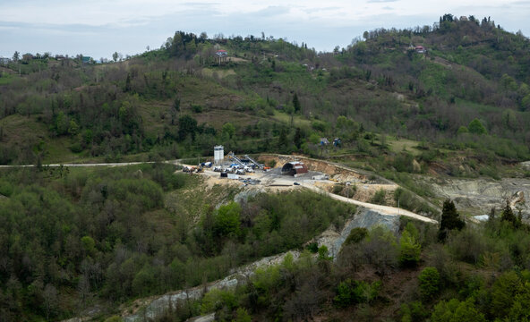 Concrete production plant in a mountain valley