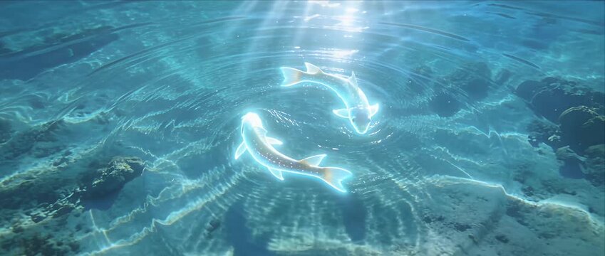 Zodiac water sign glowing fish symbol underwater fantasy ocean light ripple circle harmony mystical energy concept shimmer radiant reflection ethereal tranquil dreamlike serene fantasy art scene