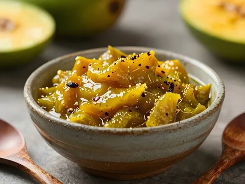  mango pickle in a ceramic bowl with spices on a blur background