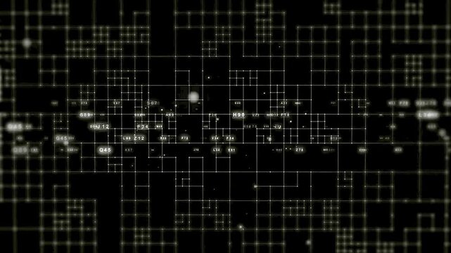 Digital Data Grid Background with Animated Alphanumeric Codes and Cyber Circuit Lines
