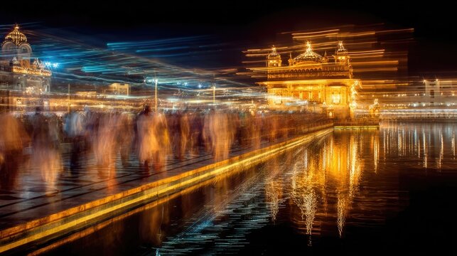 Long exposure photograph of pilgrims doing parikrama (circumambulation) around the Golden Temple at night on Vaisakhi, light trails of moving bodies, still pool reflection