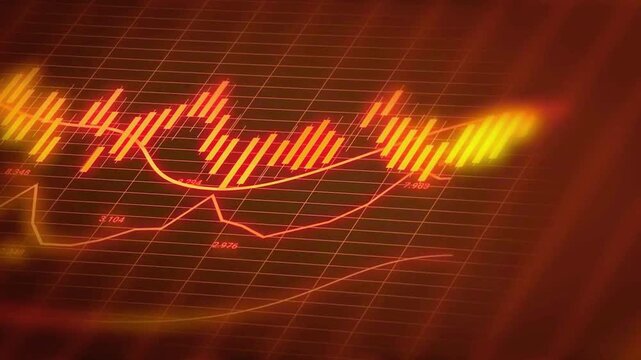 Digital Data Analysis Animation Featuring Fluctuating Forex Graphics and HUD Currency Trading Indicators.
