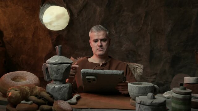 Happy relaxed caveman having breakfast in his cavern, he is checking news and social media on his tablet