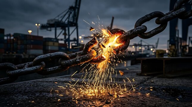 Industrial welding of heavy metal chain at dockyard with sparks flying and outdoor port background during dark evening