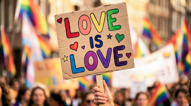 Colorful Love is Love sign at LGBT Pride demonstration against homophobia, prejudice and discrimination, symbol of equality and human rights