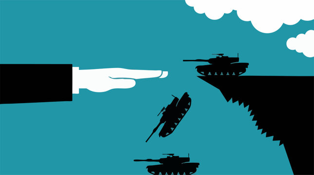 Military tanks falling into a cliff abyss, hand warns of danger