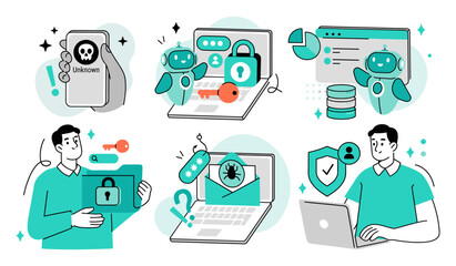 Online security and digital threat prevention illustration with cyber attack data breach information security internet network personal data privacy protection © Domestock