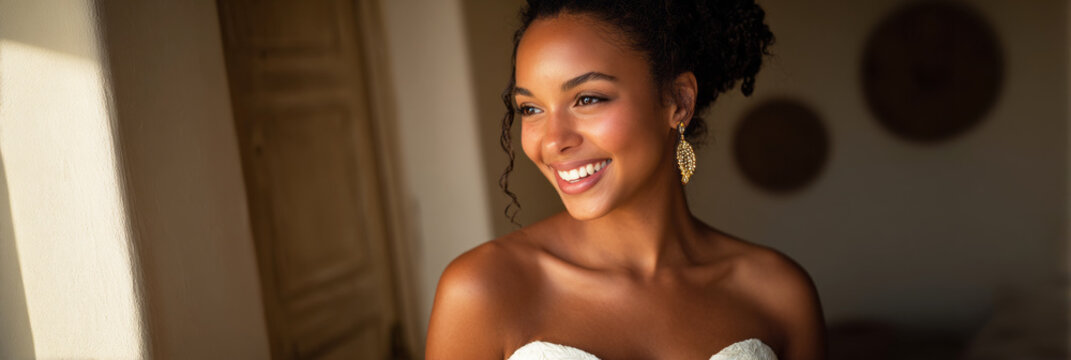 An Afro-American bride stands in a garden during sunset. She wears a simple bridal dress and a necklace. Her smile brings warmth to the moment as she enjoys her special day