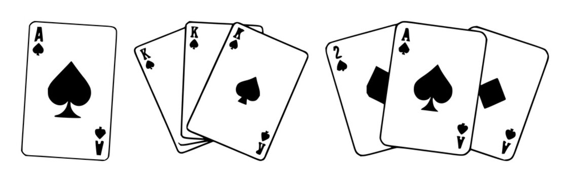 Playing cards set with black silhouettes on white background featuring playing cards, game, deck with minimal line art and vector illustration