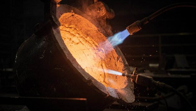 Medium shot of a glowing pouring ladle being carefully preheated with an intense gas burner flame focused on its refractory lining.