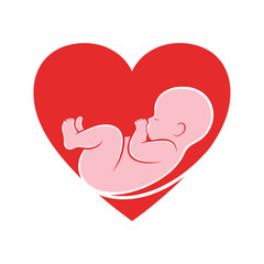 Captivating graphic design symbolizing the profound joy and delicate nature of new life, depicting an infant nestled securely within a vibrant red heart, representing care, love, and future growth © Randomic Dgitals