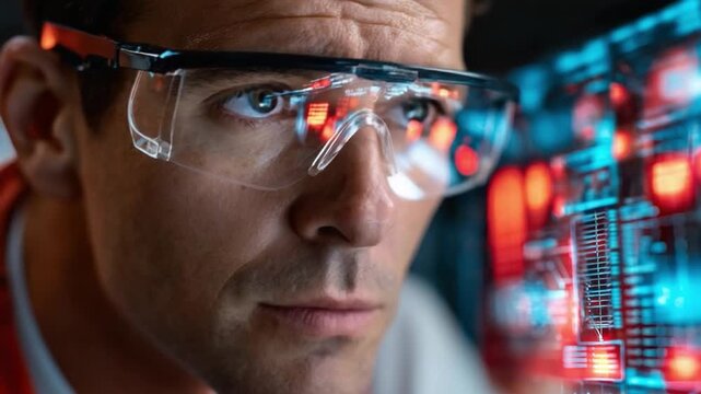 Focused Gaze: A dedicated individual, clad in protective eyewear, is intently focused on a complex digital display, highlighting the intersection of technology and human expertise. 