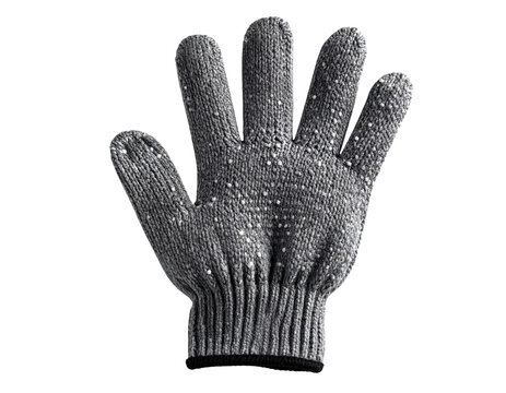 Gray knitted work glove with textured fabric and ribbed cuff for hand protection on isolated background
