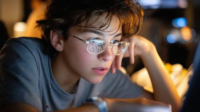 Focused Youngster with Glasses: Capturing a pensive moment, a young individual, adorned with glasses, is deeply engrossed, perhaps captivated by a screen.