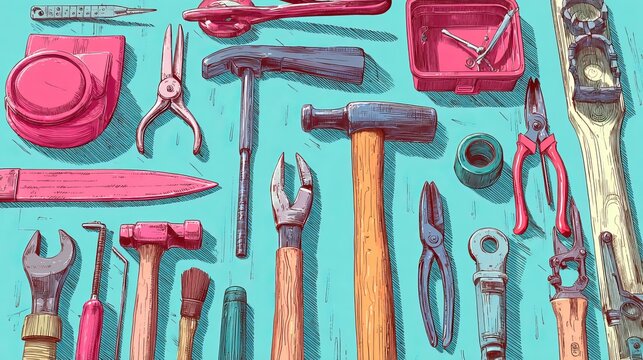 Labor day flat lay of various hand tools on rustic wooden background