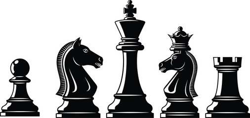 Chess pieces silhouettes, pawn knight king queen rook, strategic board game icons, black vector illustration, classic design, abstract chess art © Md