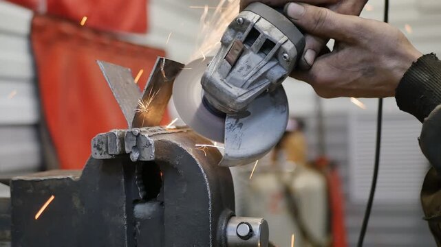 Auto mechanic hands use electric angle grinder with cutting disc to cut required part from metal plate. Work with power tool without gloves. Bright sparks during metal cutting.