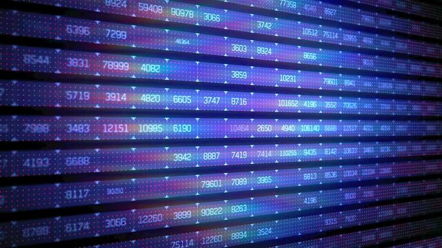 Digital data stream of scrolling blue and purple numbers on a dark grid interface for financial or cybersecurity backgrounds.
