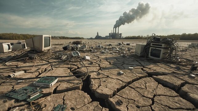  A ground-level shot of a cracked, dry riverbed filled with discarded electronic waste&mdash;old monitors, wires, and circuit boards. In the distance, a massive industrial plant emits grey smoke. Sharp deta