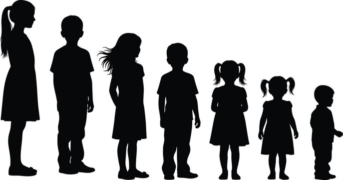 Children silhouette illustration, kids growth artwork, childhood development concept, family design vector, black and white educational template
