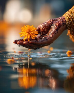 Macro photograph of a woman's hennaed hand releasing a single marigold flower into still golden water, reflections breaking, extreme detail of the henna patterns, soft bokeh