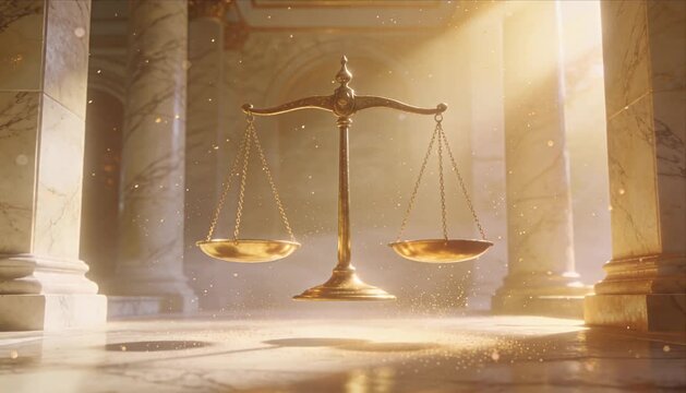 Golden zodiac libra balance justice law symbol golden scale in glowing light and sunlight, spiritual harmony and equality in marble hall interior with serene fantasy dust and fair legal judgment
