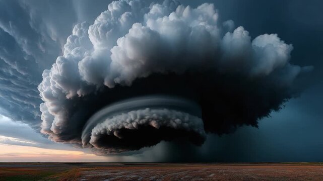 Towering Storm Clouds: Witness the awe-inspiring formation of a supercell thunderstorm, a massive cloud structure dominating the vast landscape, promising intense weather conditions.