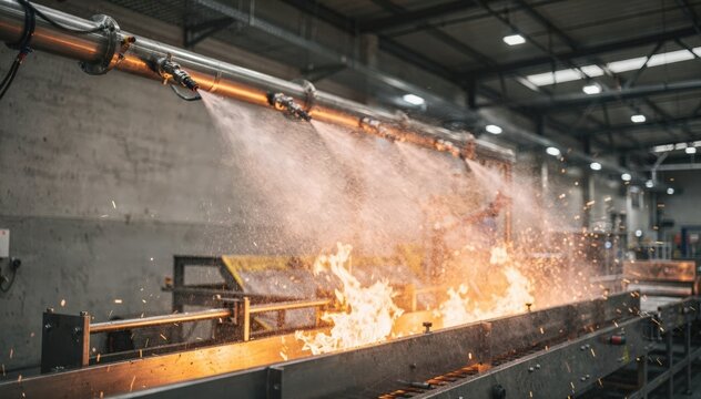 Close medium view of wallmounted water mist fire suppression array activating showcasing rapid response to flames in manufacturing facility.