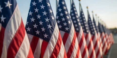 Obraz premium Row of American flags in close-up detail patriotism