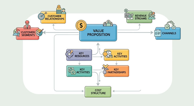 Business strategy, marketing flowchart, value proposition diagram, vector infographic