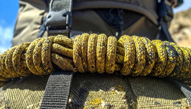 Intricately woven yellow and green paracord with black flecks, tightly coiled and secured to a backpack strap.