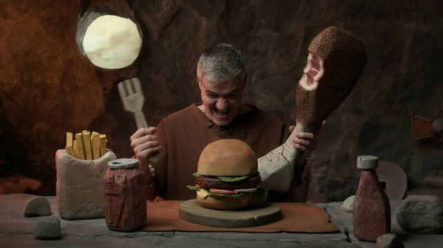 Happy excited prehistoric man having a tasty fast food meal in his cave: he is having a huge hamburger, a giant chicken leg, fries and a soft drink