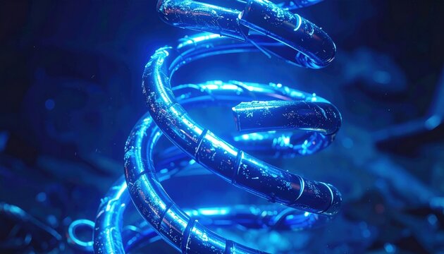 Twisted metallic spring with blue illumination, showcasing compressed and deformed coils in intricate detail